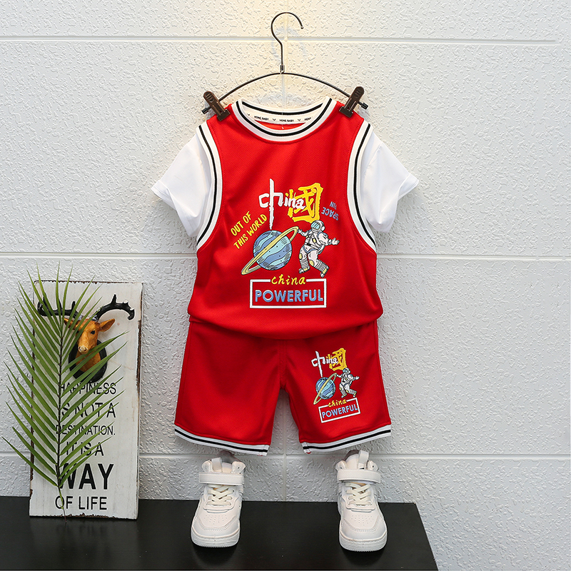Boys summer short-sleeved suit 2022 new baby net red fried street quick-drying clothes children's cool and handsome basketball clothes