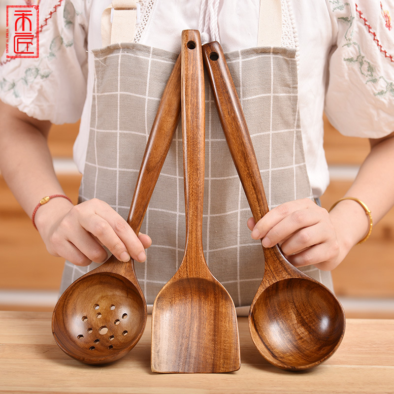 Flat sand boiler wood shovel not stained with special Thai teak wood long handle fried vegetable pan shovel high temperature resistant wood soup spoon suit