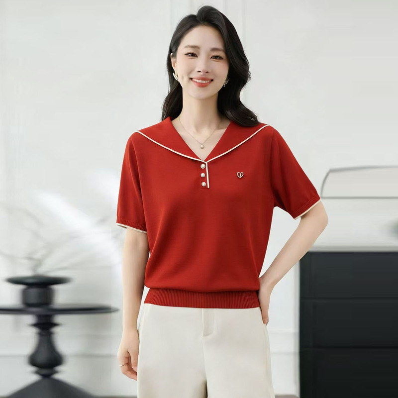 Summer New Pullover Navy Collar Short-Sleeved Knitwear Women's Tencel Breathable T-Shirt Simple Casual Slimming Top