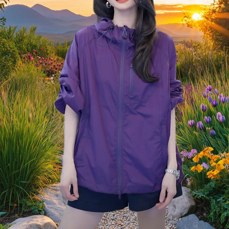 Xixijia D25 Sun Protection Purple Outwear Long-Sleeved Thin Hooded Single Flap Pocket Pants Purple Top Outwear S25374