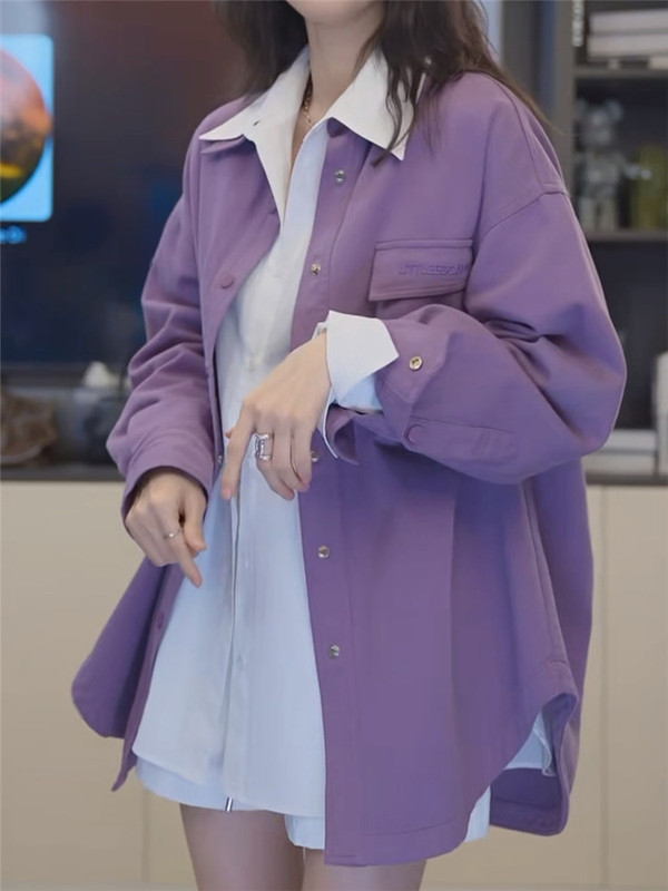 Xixijia Purple Denim Shirt for Women, Niche ins Lazy French Style Korean Version Loose Fashion Wrinkle-Resistant Denim Jacket