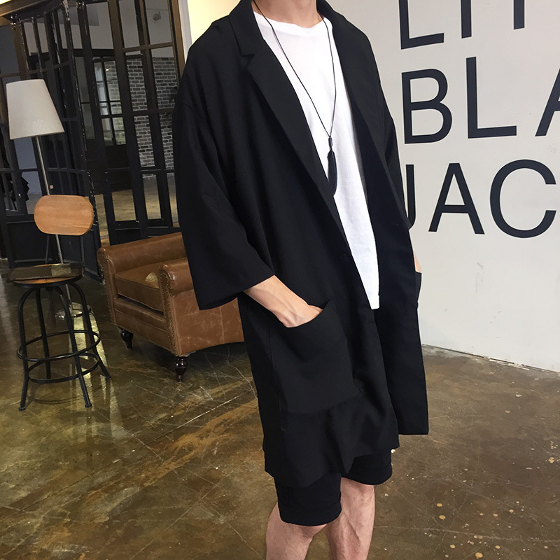 Summer Ultra-Thin Mid-Length Trench Coat for Men, Trendy Cape, Loose Suit Collar, Three-Quarter Sleeves, Long Coat