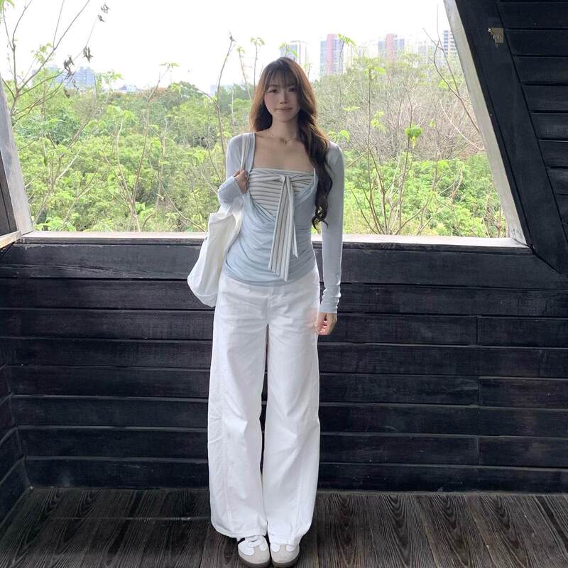 Korean-Style Long-Sleeve Blouse with a Draped Collar, Striped Tube Top Two-Piece Set for Women, Early Spring Tie-Waist Slimming Design Top