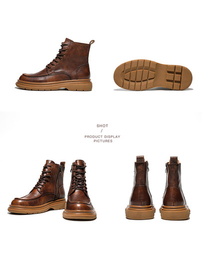 High-Top Martin Boots for Men, Genuine Leather, Vintage Work Boots, Fleece-Lined, Thick-Soled, Height-Increasing, First-Layer Cowhide, British Style Motorcycle Boots, Trendy