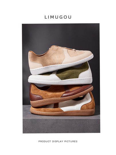 Men's Genuine Leather Color-Blocked Flat Casual Sneakers, Autumn Men's Retro Versatile Soft-Soled Slip-On Sneakers