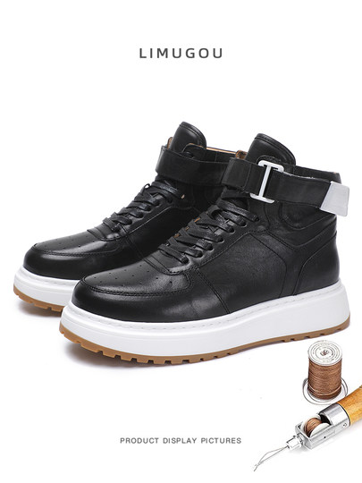 High-Top Shoes for Men, Genuine Leather, Goodyear Handmade, High-End Horse Leather, Trendy Casual Sneakers, British Retro Thick-Soled Martin Boots