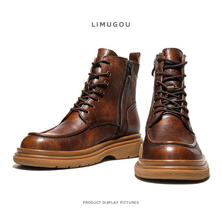 High-Top Martin Boots for Men, Genuine Leather, Vintage Work Boots, Fleece-Lined, Thick-Soled, Height-Increasing, First-Layer Cowhide, British Style Motorcycle Boots, Trendy