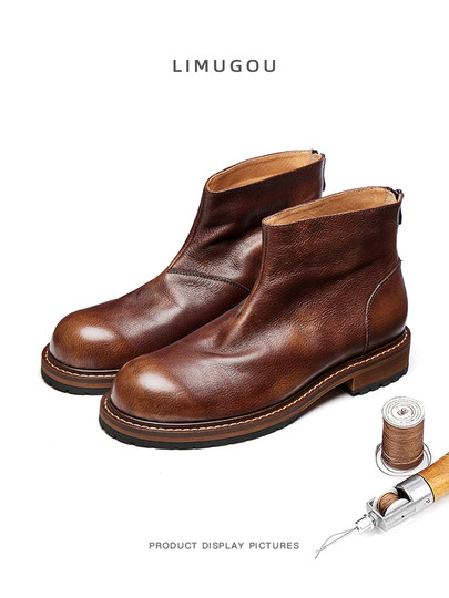 Chelsea Boots for Men, Genuine Leather Retro High-Top Leather Shoes, Winter Fleece-Lined Martin Boots, Men's First-Layer Cowhide British-Style Short Boots