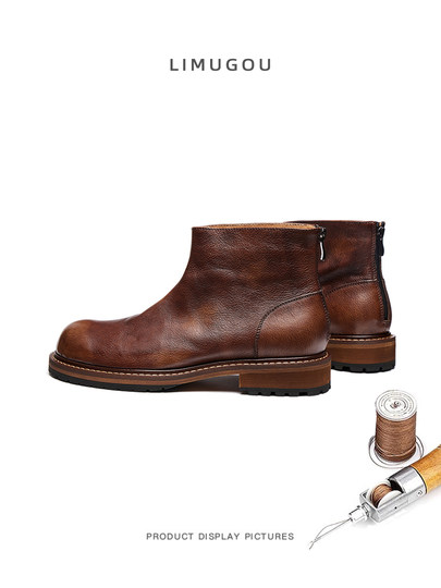 Chelsea Boots for Men, Genuine Leather Retro High-Top Leather Shoes, Winter Fleece-Lined Martin Boots, Men's First-Layer Cowhide British-Style Short Boots