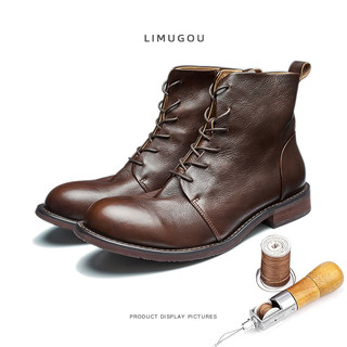 Men's Genuine Leather Martin Boots, Handmade, Vintage British Style, Versatile, Wide Toe Short Boots, Men's High-Top, Preppy Style, Biker Boots, Trendy