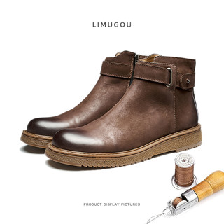 Chelsea Boots for Men, Genuine Leather, British Style, Winter Fleece-Lined, Warm, First-Layer Cowhide, Mid-Top Martin Boots, Retro Short Boots