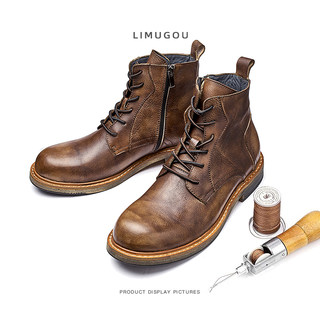 Genuine Leather Martin Boots for Men, British Style, Handmade, Vintage American Style, Brown Cowhide Boots, Men's High-Top Work Leather Shoes, Trendy