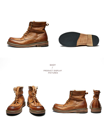 British Retro Martin Boots for Men, Genuine Leather, Handmade Distressed Motorcycle Boots, High-End Heavy-Duty Washed Horse Leather High-Top Work Boots