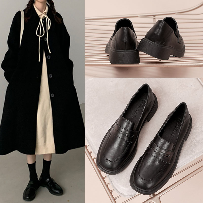 Lefoe shoes female Inron wind black flat bottom small leather shoes thin leather Soft Leather Bean Single Shoes Little Black Summer Professional work