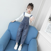 Girl Denim Back Belt Pants Suit 2021 Spring Autumn Style Korean Version Big Boy Jeans Girl Loose Foreign Air Hanging Strap Pants