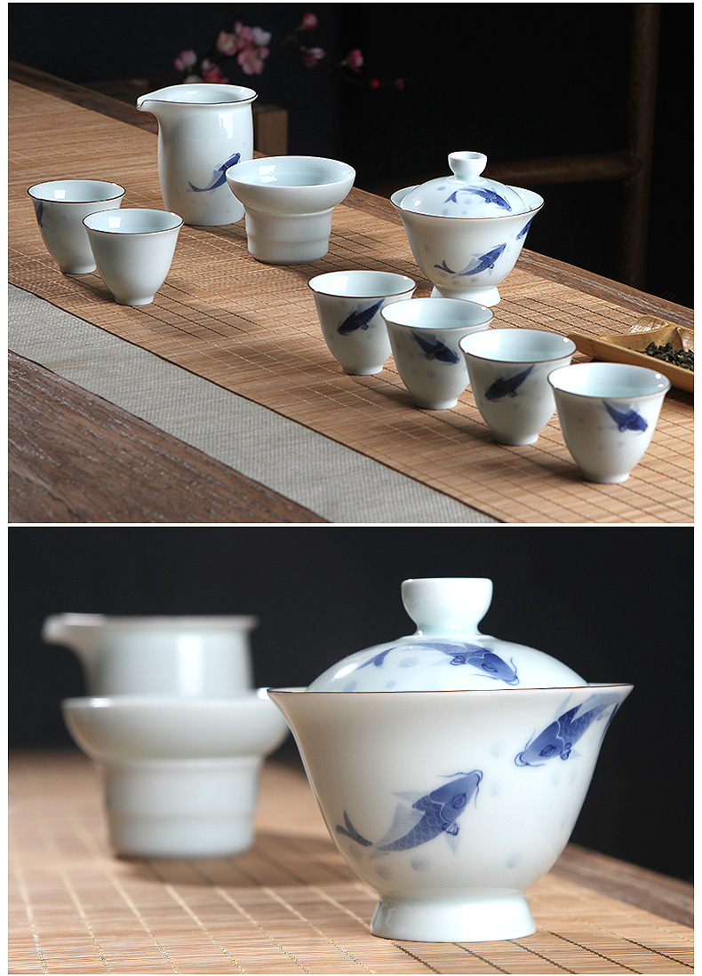 TaoMingTang blue and white porcelain tea sets ceramic kung fu tea set of pure hand - made teapot teacup make tea the whole household