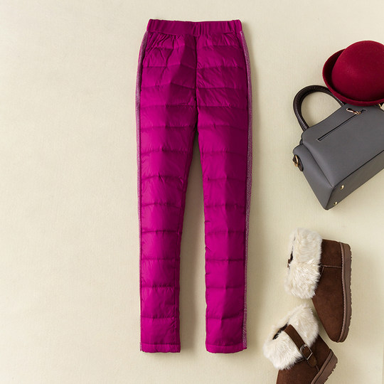 European and Korean style down pants for women to wear as outerwear, high-waisted and slimming, diamond-encrusted white duck down trousers for women to look slimming and trendy 2020 new style