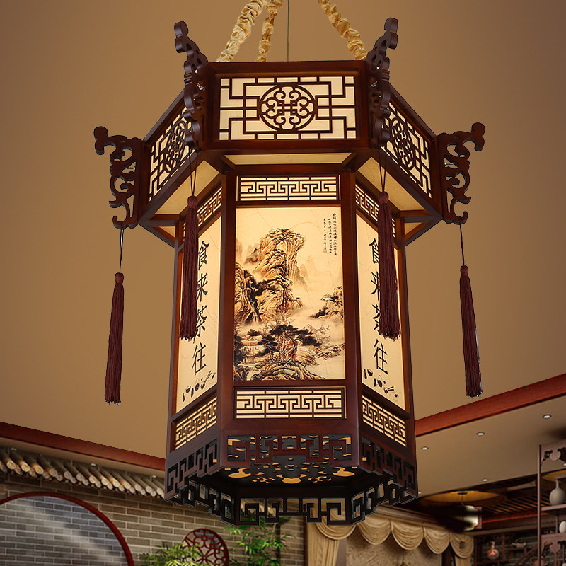 Chinese-style classical solid wood palace lanterns hexagonal palace lanterns hotel tea house villa temple long walkway lights engineering lights custom