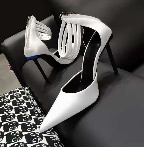 Pointed-Toe High-Heeled Sandals with Cross Straps, White Sheepskin Open-Toe Mules, Green Strappy Stiletto Heels, Genuine Leather in Black