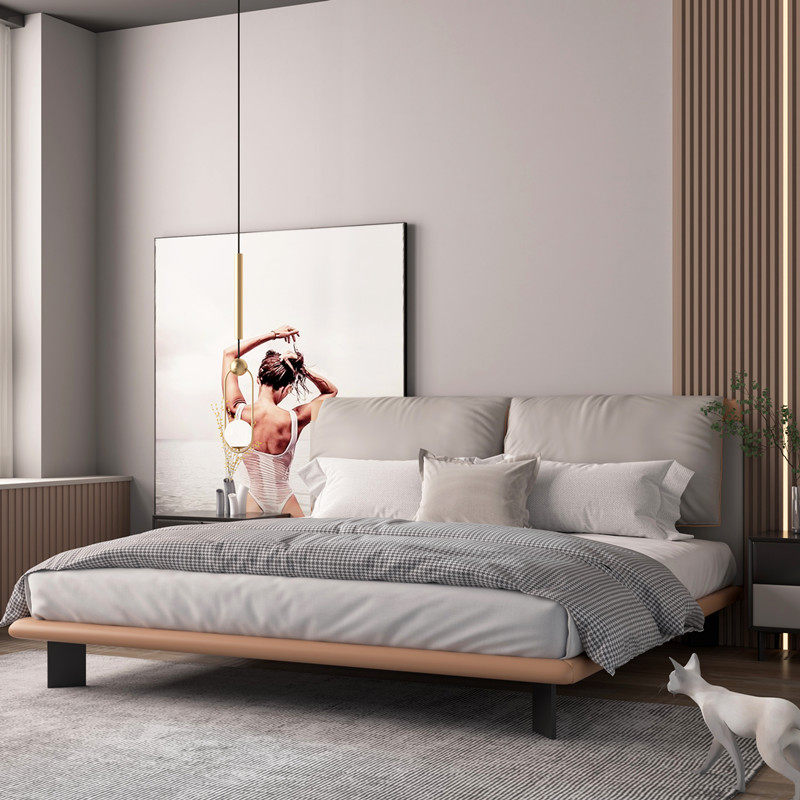 Light extravagant bed net red master bedroom modern minimalist headroom cow leather double bed Nordic genuine leather bed 1 8 m leather art bed