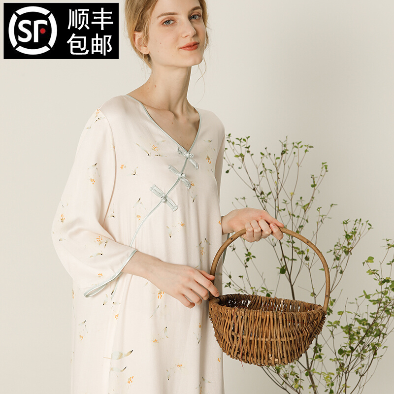 China Wind Sleeping Dress Pyjamas Woman Spring Autumn Gown Satin Cotton Silk Summer Style with Han clothes Home Clothing Tray Buttoned Dress Qipao Skirt