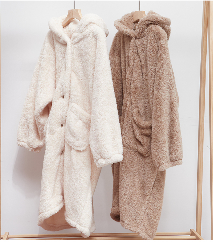 Soft Fufu Bear Coral Fleece Robe for Women, Winter Style, Fleece-Lined Pajamas, Long, Warm, Thick, Hooded, Long Plush Loungewear Soft Fufu Bear Coral Fleece Robe for Women, Winter Style, Fleece-Lined Pajamas, Long, Warm, Thick, Hooded, Long Plush Loungewear