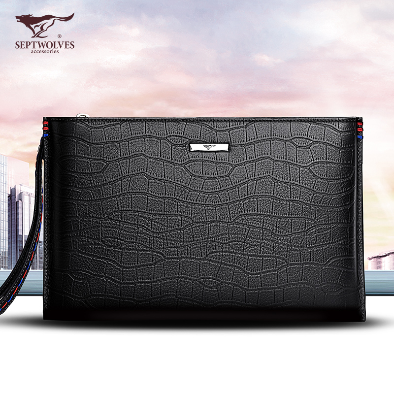 Seven Wolves Men's Hands With Bag Big envelope Leather Handbag briefcase briefcase head Calf Leather Soft Big capacity