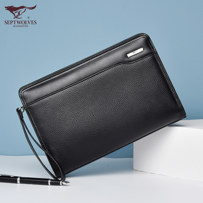 Seven wolves men's briefcase genuine leather handbag handbags handbag special big number hand holding Baotou layer beef leather soft large capacity