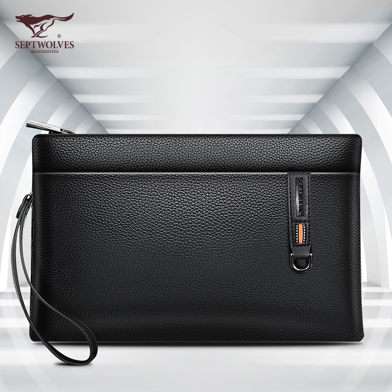 Seven Wolves Men's Hands With Bag Big envelope Leather Handbag briefcase briefcase head Calf Leather Soft Big capacity