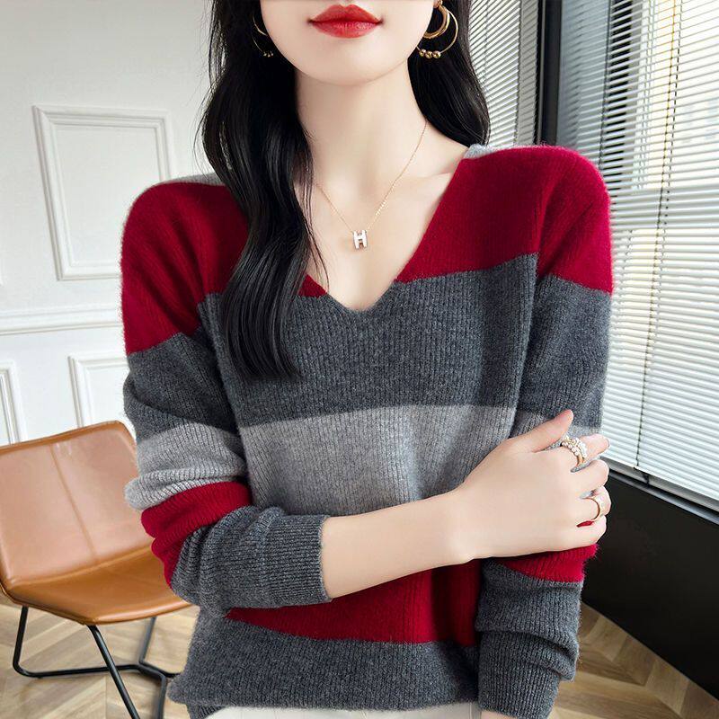 慵懒风条纹V领针织衫女秋装2025新款时尚撞色毛衣宽松显瘦打底衫