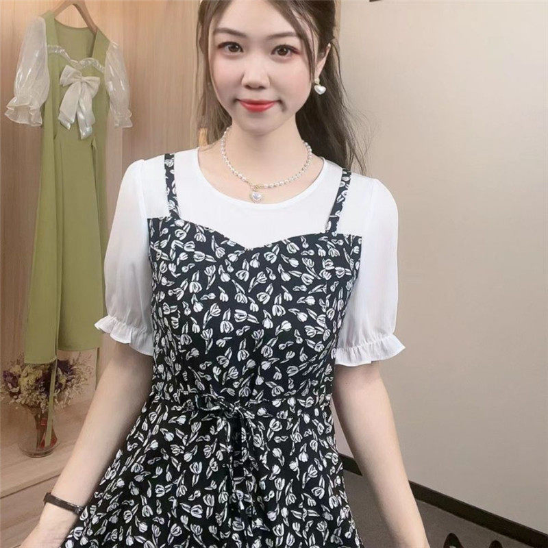 年轻时尚妈妈假两件连衣裙碎花遮肚子减龄气质花边小个子裙子女