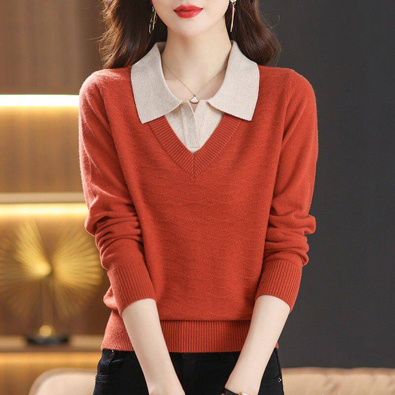 妈妈秋冬假两件针织衫2024新款撞色长袖Polo领时尚毛衣洋气打底衫