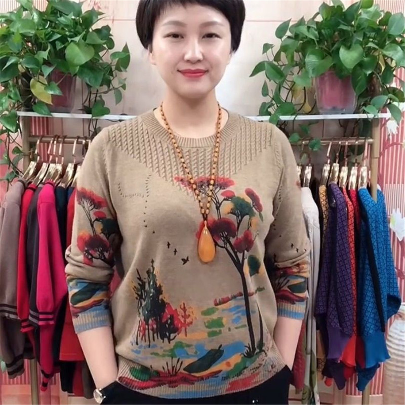 Ethnic Style Printed Three-Quarter Sleeve Knitwear for Women, New Autumn Style, Middle-Aged and Elderly Mothers' Sweater, Loose and Slimming Base Shirt