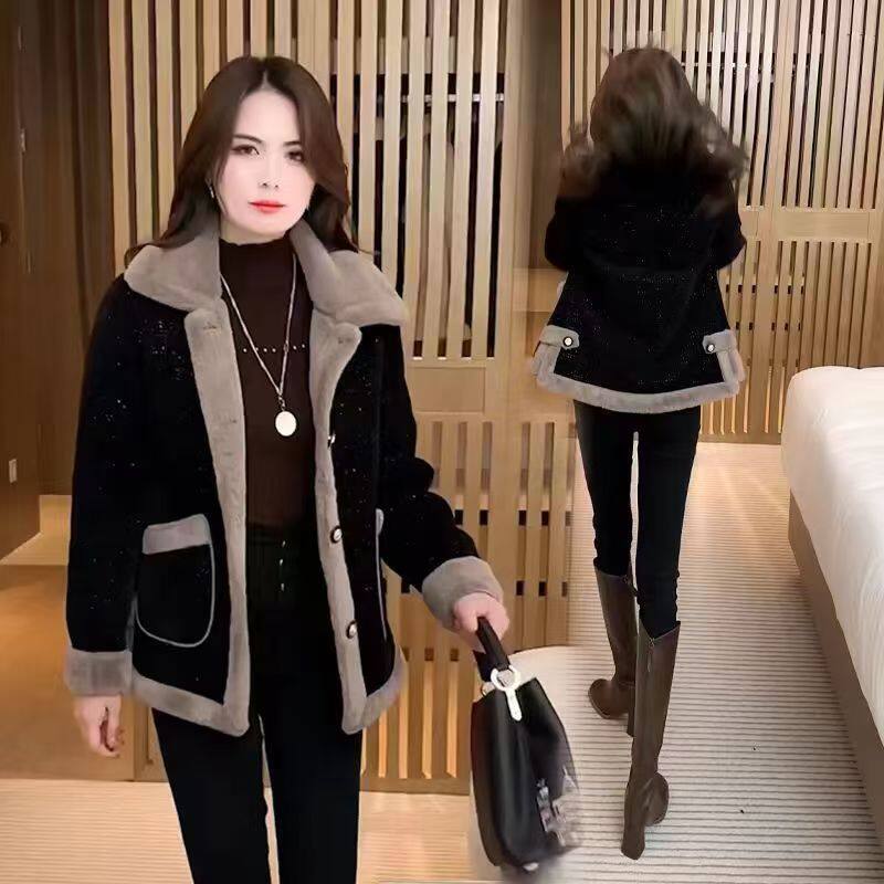 时尚绒毛翻领加绒加厚妈妈短外套女保暖呢子大衣宽松显瘦洋气开衫