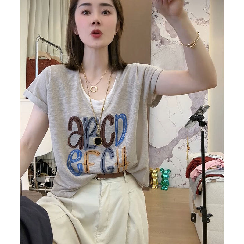 2025夏季新款时尚字母印花假两件短袖针织衫T恤上衣女夏宽松百搭