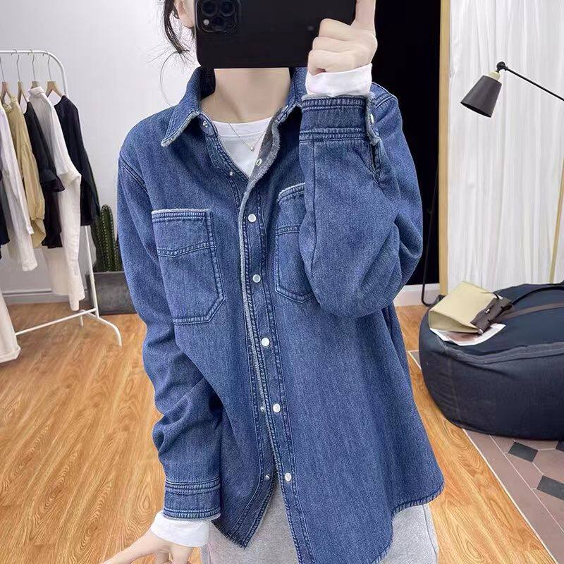 复古时尚加绒加厚牛仔衬衫女长袖上衣2025秋冬新款翻领保暖短外套