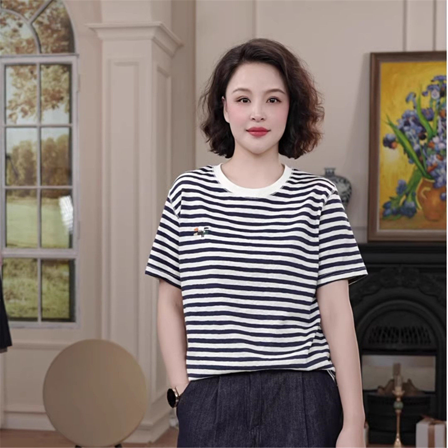 时尚圆领条纹纯棉T恤女士短袖洋气上衣2025夏季新款大码宽松小衫