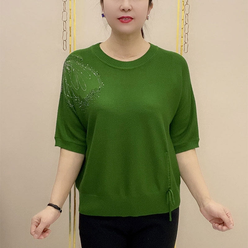 中老年时尚烫钻圆领薄款针织衫女士大码宽松显瘦洋气纯色百搭T恤