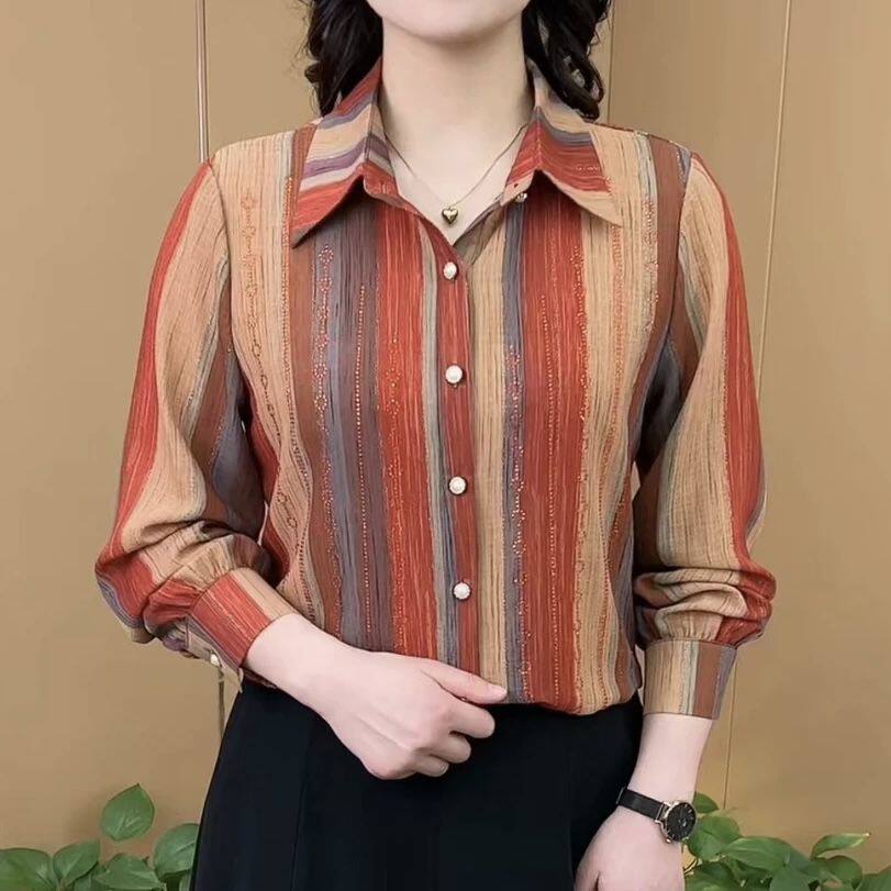 条纹翻领长袖衬衫女2023秋季新款遮肚显瘦减龄时尚大码小衫妈妈装