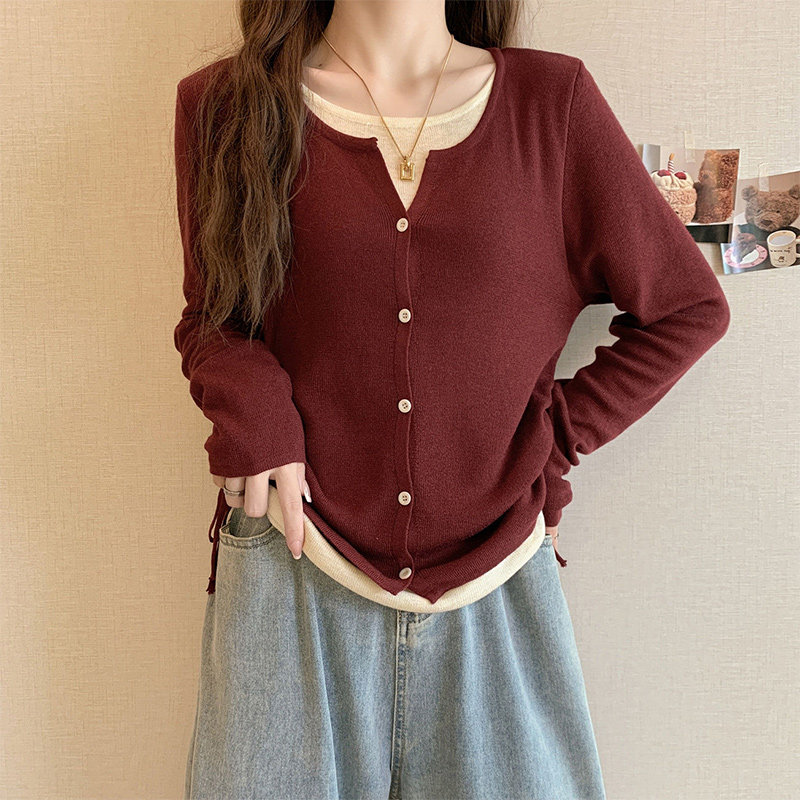 时尚抽褶单排扣假两件针织衫长袖撞色上衣女秋冬新款宽松显瘦毛衣