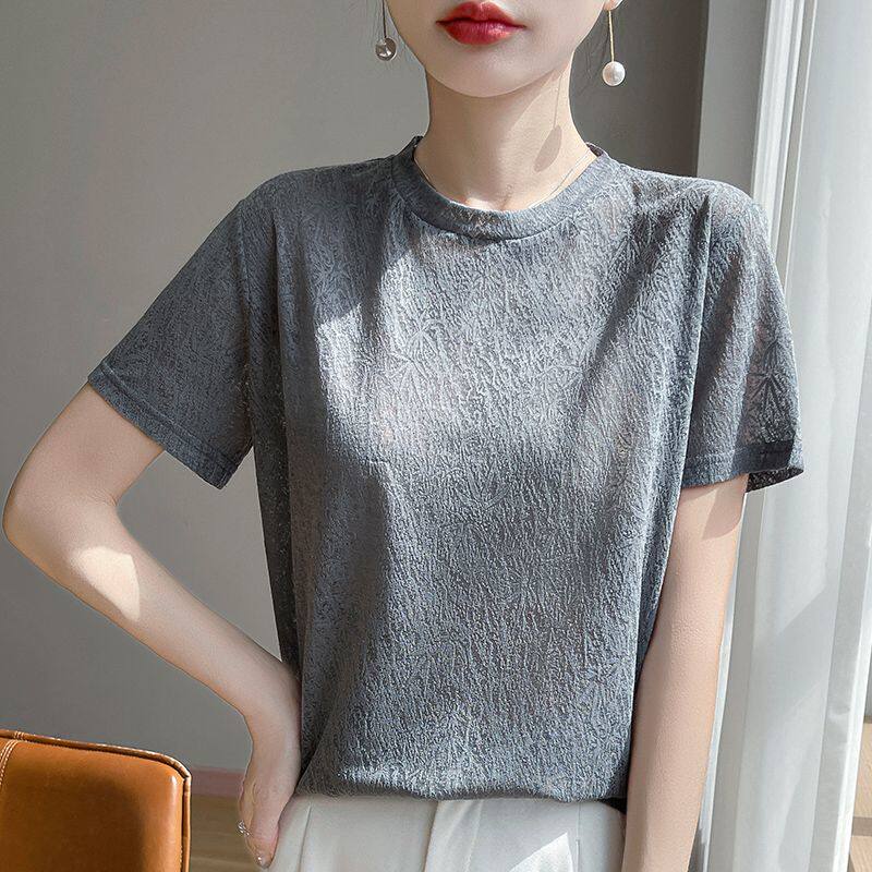 时尚浮雕莱赛尔天丝针织衫女短袖妈妈夏装2025新款纯色百搭T恤衫