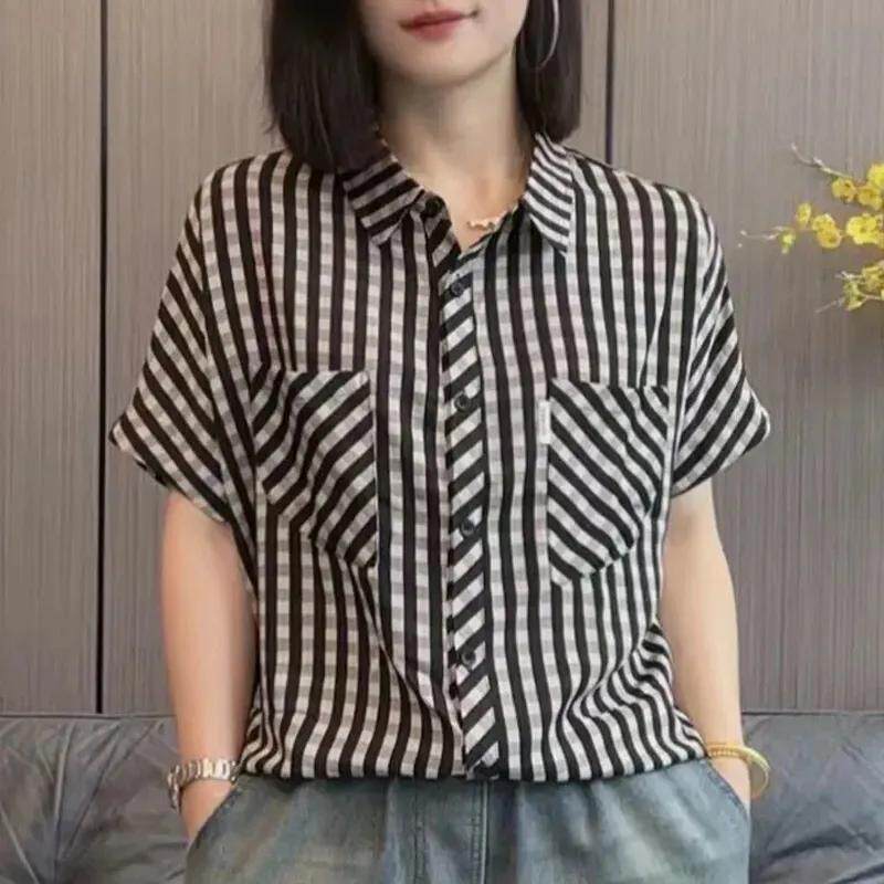妈妈夏装大码条纹短袖衬衫2025新款时尚翻领衬衣宽松显瘦女士衬衣