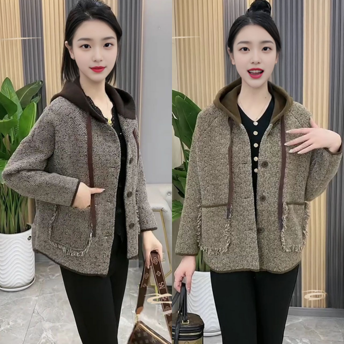 时尚雪呢绒连帽短外套女士2025春秋新款中年妈妈洋气开衫减龄上衣