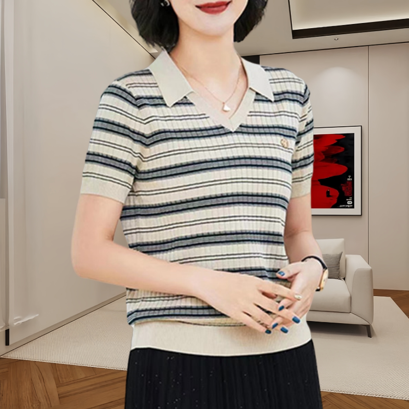 时尚Polo领条纹针织T恤妈妈小衫短袖2024新款夏宽松显瘦减龄上衣