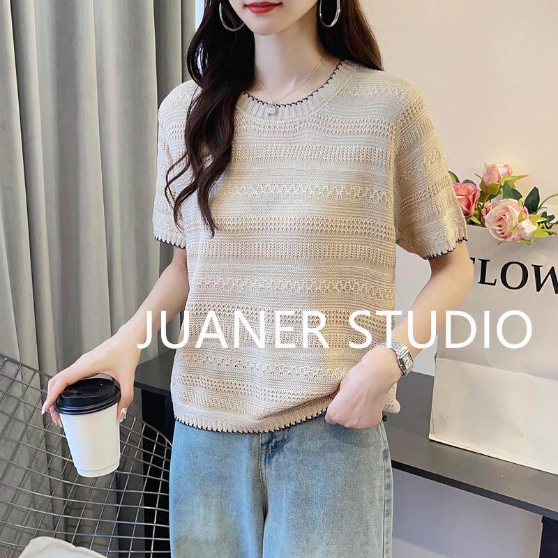 时尚钩花薄款冰丝T恤女短袖夏季新款纯色百搭宽松上衣圆领针织衫