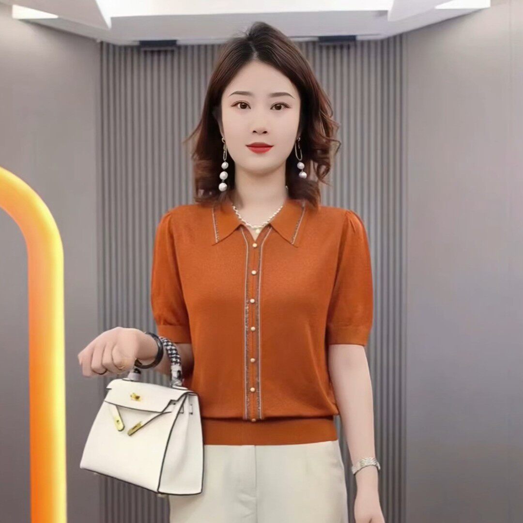 高级感镶钻翻领针织衫女中袖上衣夏新款轻奢妈妈夏装时尚洋气小衫
