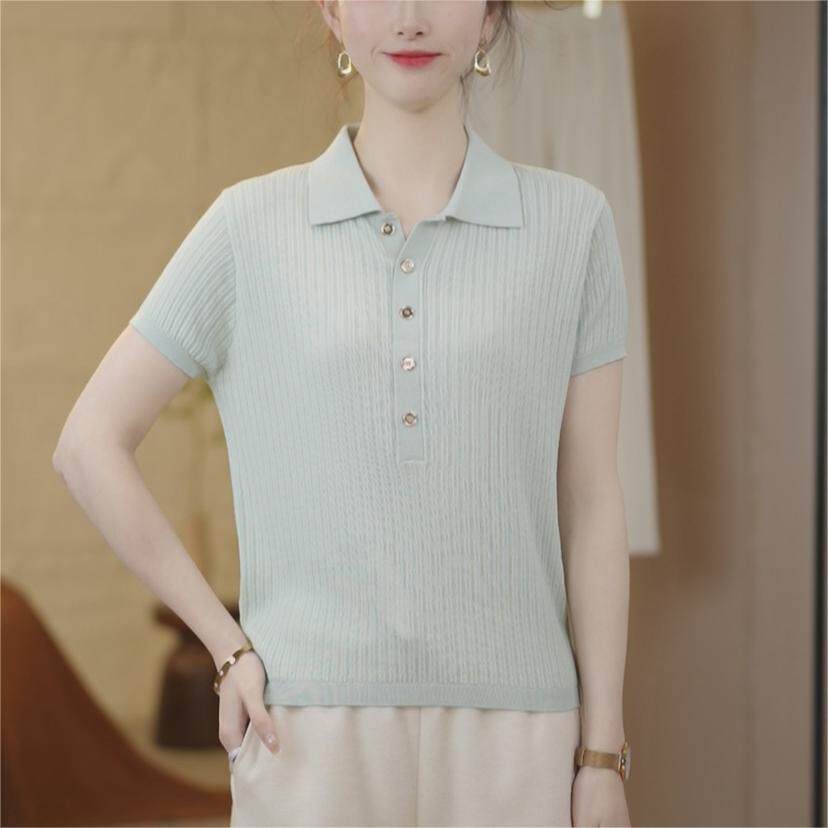 时尚纯色休闲翻领短袖T恤女薄款针织衫2025夏季新款中年女装上衣