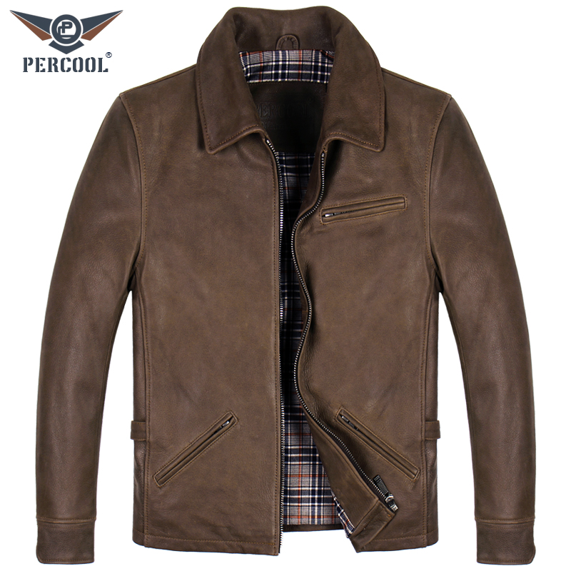 Retro-made old fur coat men's head wear worn cow locomotive rolled over leather jacket casual coat