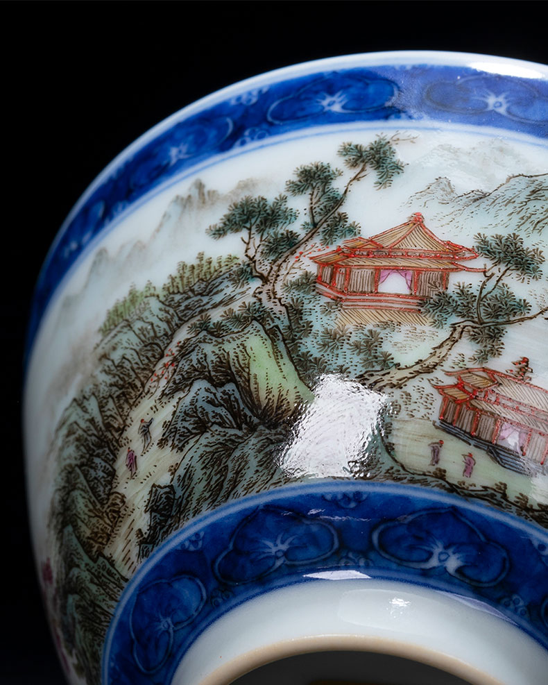 Santa teacups hand - made ceramic kungfu pastel landscape shelf linjiang figure masters cup sample tea cup of jingdezhen tea service