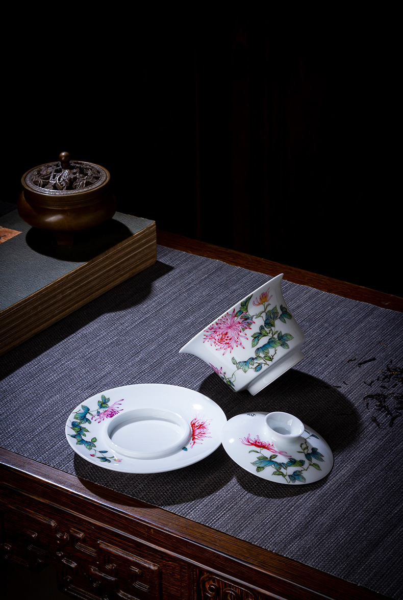 The big three tureen teacup only pure hand - made ceramic famille rose CongJuHua tea bowl jingdezhen all hand tea sets